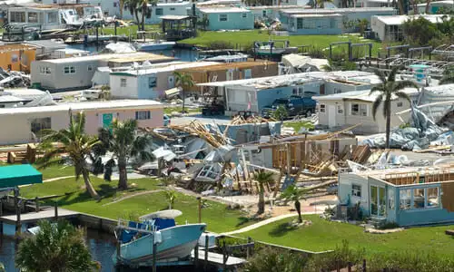 A devastated suburban community in Florida in the aftermath of a hurricane.