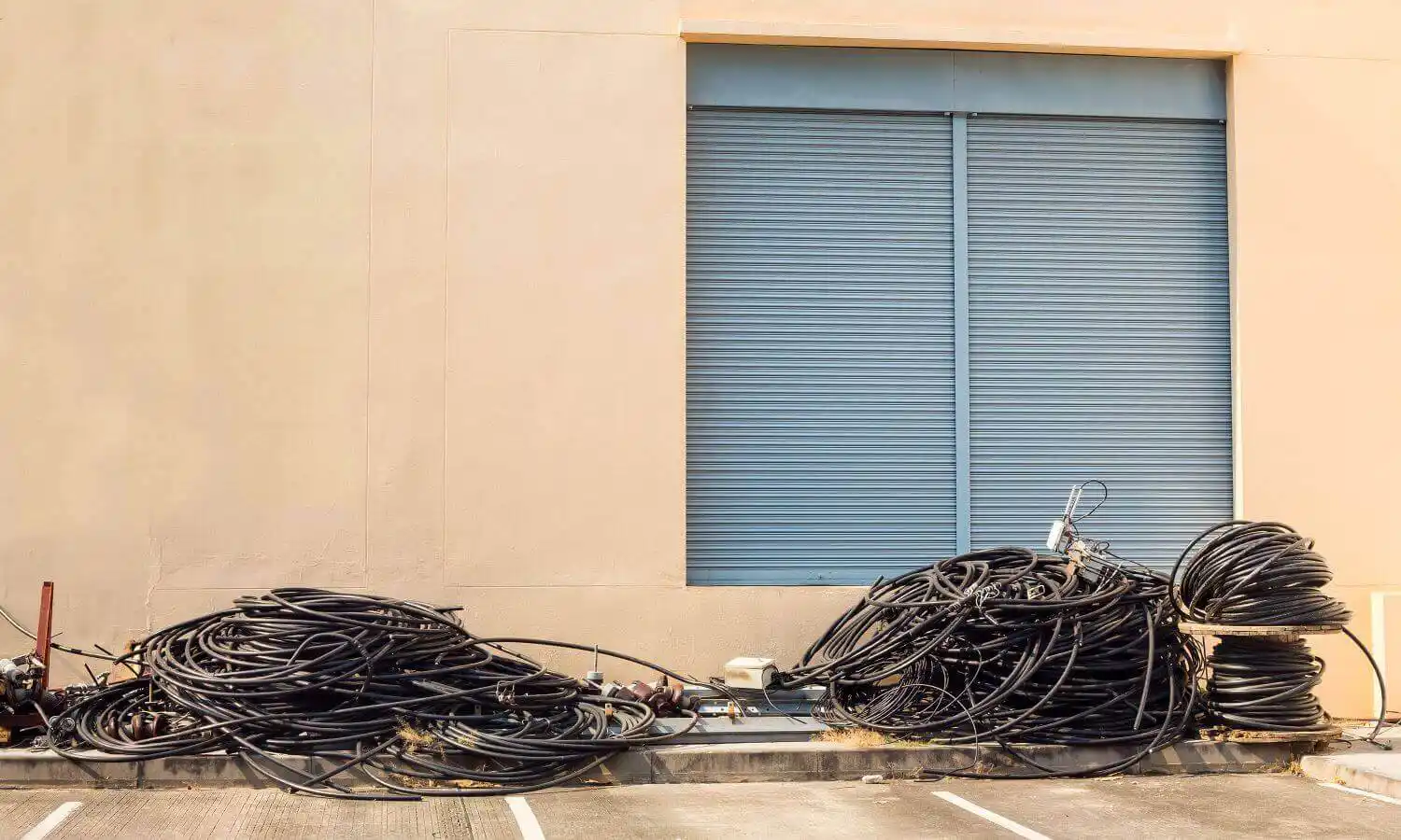 A  storefront closed with replacement electric wiring lying in wait in front of it.