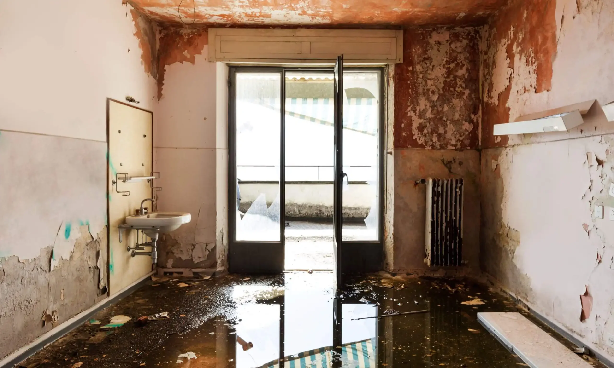 An empty room that suffered flood damage in the aftermath of a hurricane.